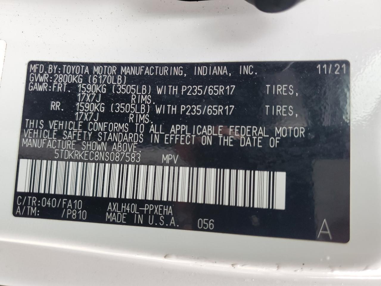 2022 Toyota Sienna Le VIN: 5TDKRKEC8NS087583 Lot: 90308195