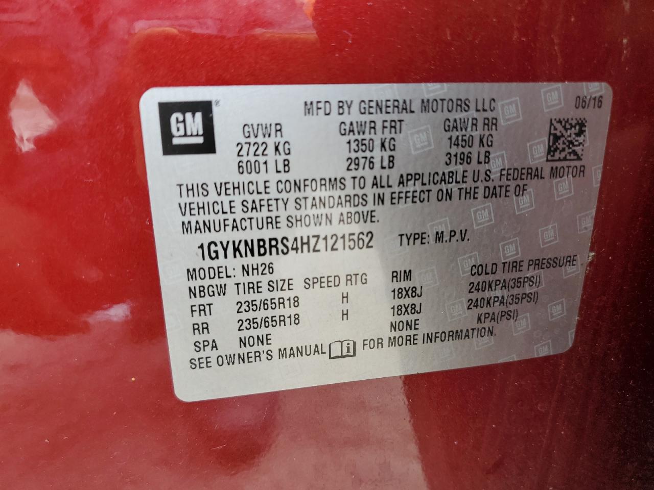 2017 Cadillac Xt5 Luxury VIN: 1GYKNBRS4HZ121562 Lot: 84585495