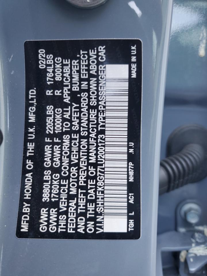 2020 Honda Civic Type-R Touring VIN: SHHFK8G77LU200173 Lot: 82022555
