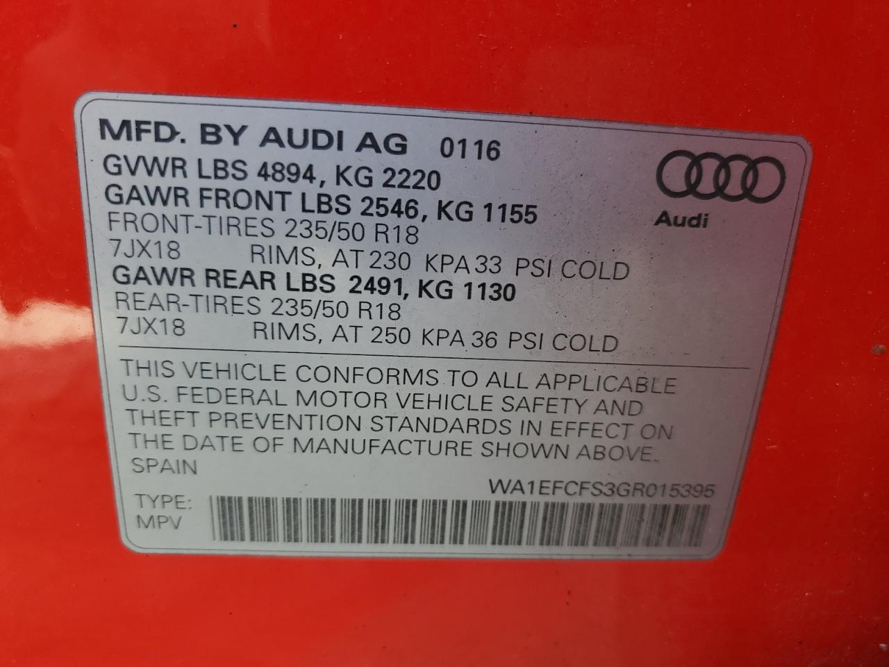 2016 Audi Q3 Premium Plus VIN: WA1EFCFS3GR015395 Lot: 89806615