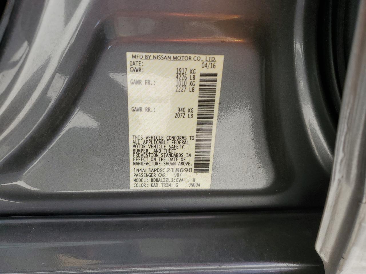 2016 Nissan Altima 2.5 VIN: 1N4AL3AP0GC218690 Lot: 87240905