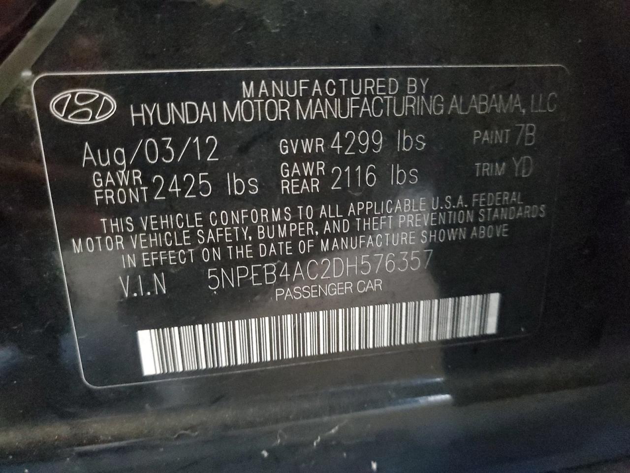 2013 Hyundai Sonata Gls VIN: 5NPEB4AC2DH576357 Lot: 89447665