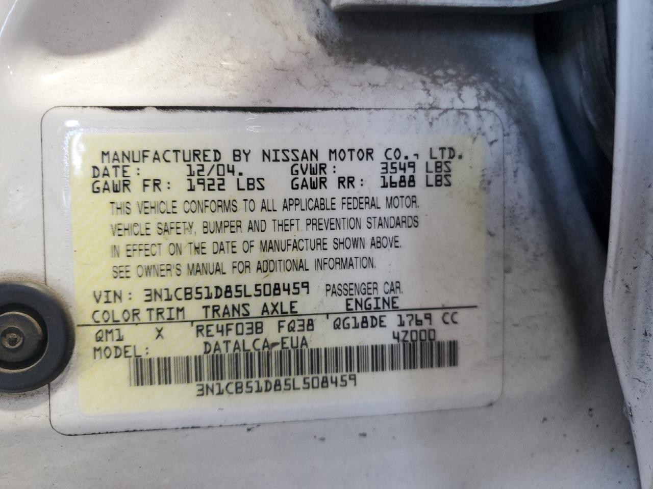 2005 Nissan Sentra 1.8 VIN: 3N1CB51D85L508459 Lot: 85141215