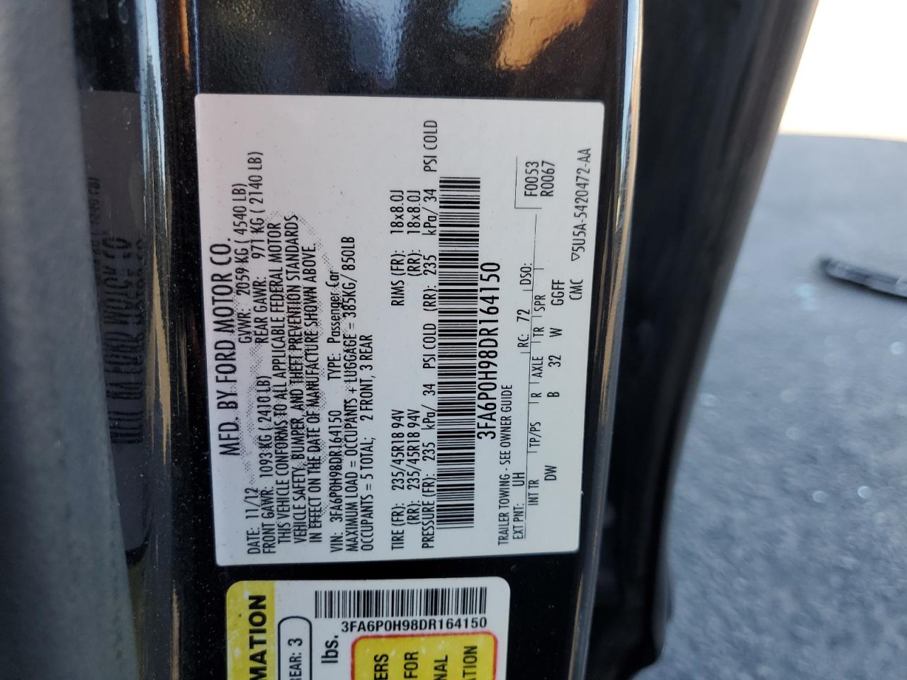 2013 Ford Fusion Se VIN: 3FA6P0H98DR164150 Lot: 82312525