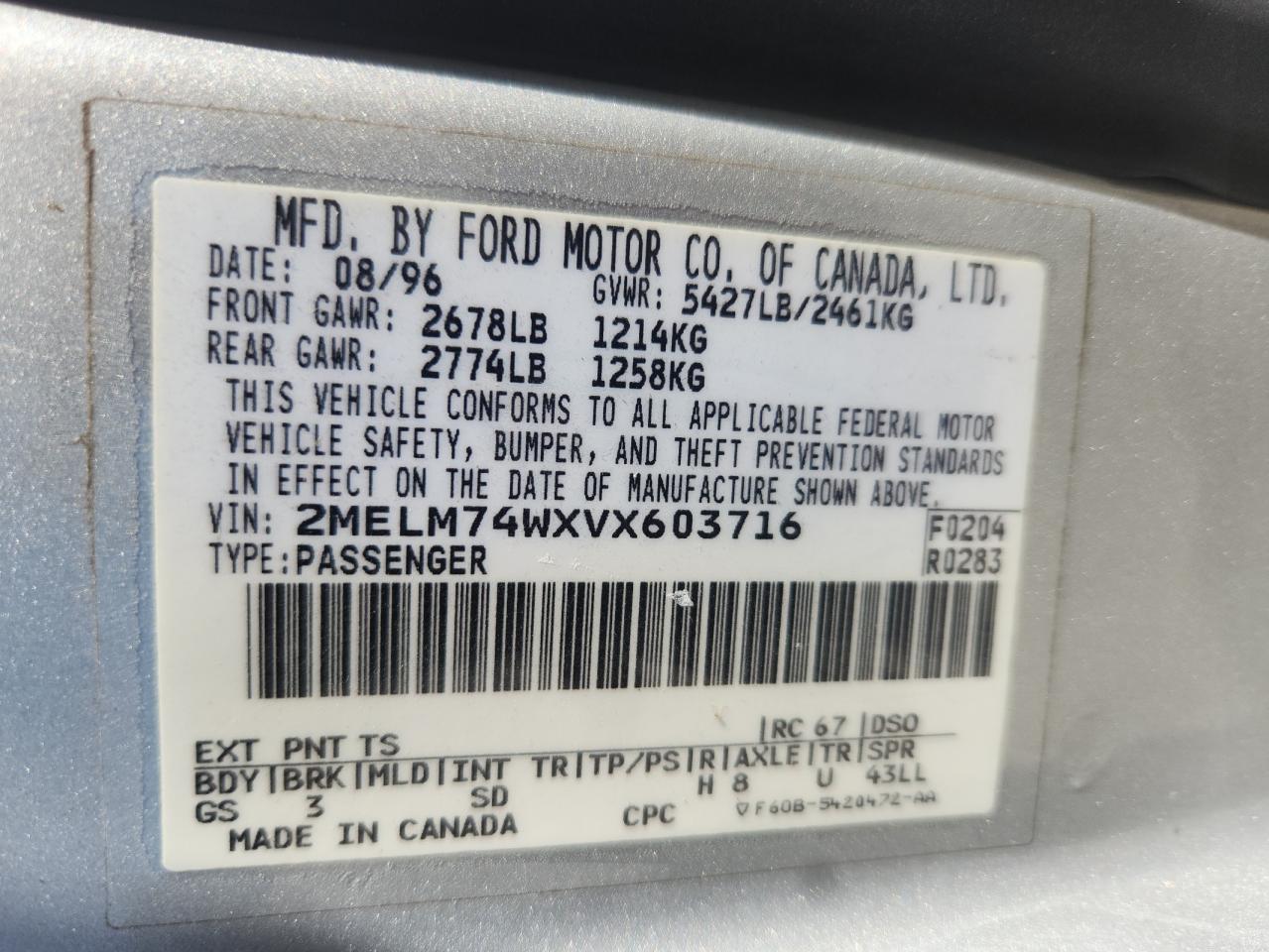 1997 Mercury Grand Marquis Gs VIN: 2MELM74WXVX603716 Lot: 87405255