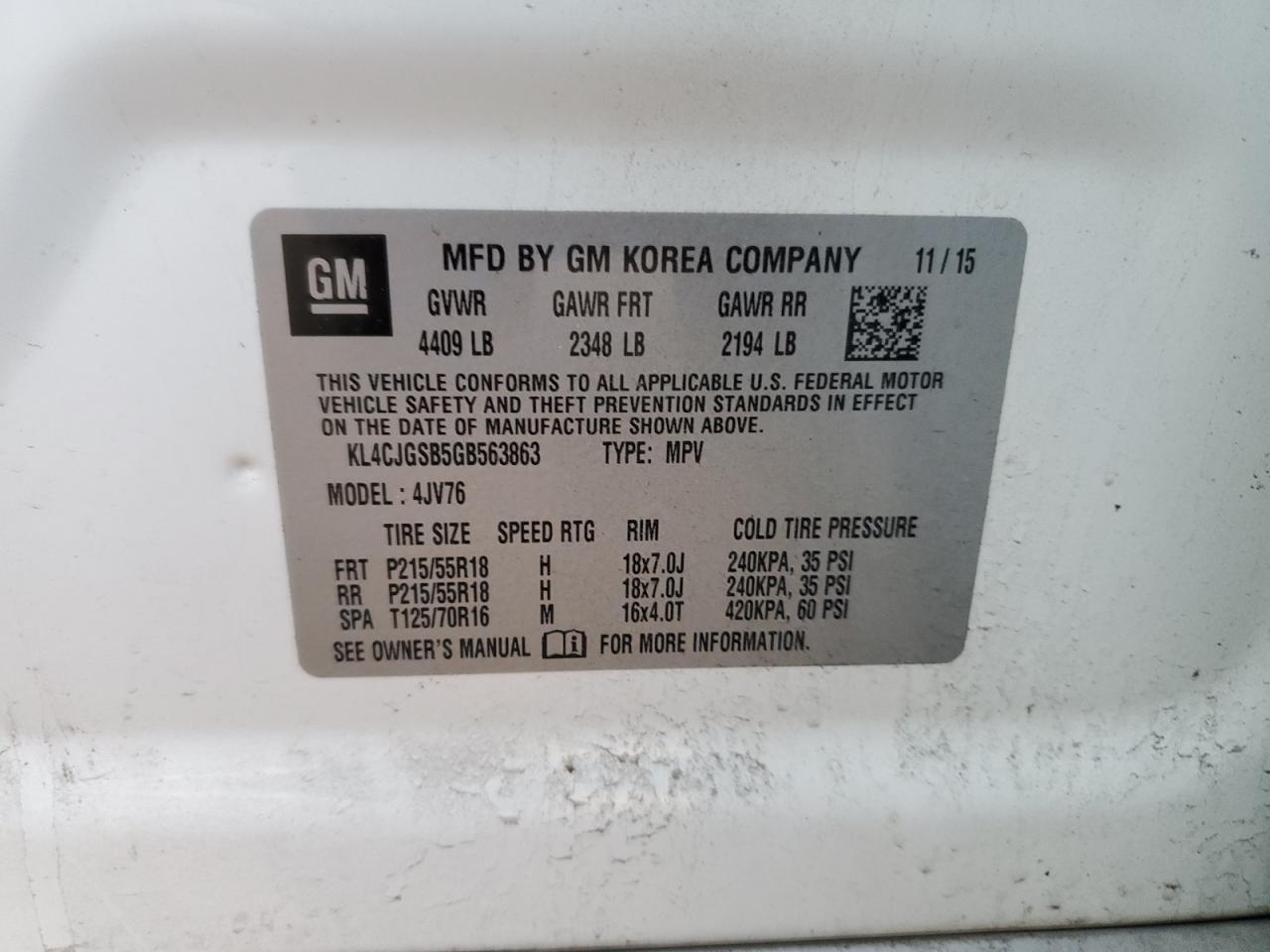 2016 Buick Encore VIN: KL4CJGSB5GB563863 Lot: 91205875