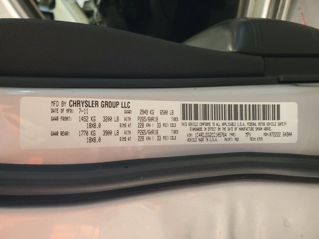 2012 Dodge Durango Crew VIN: 1C4RDJDG2CC105764 Lot: 85667375