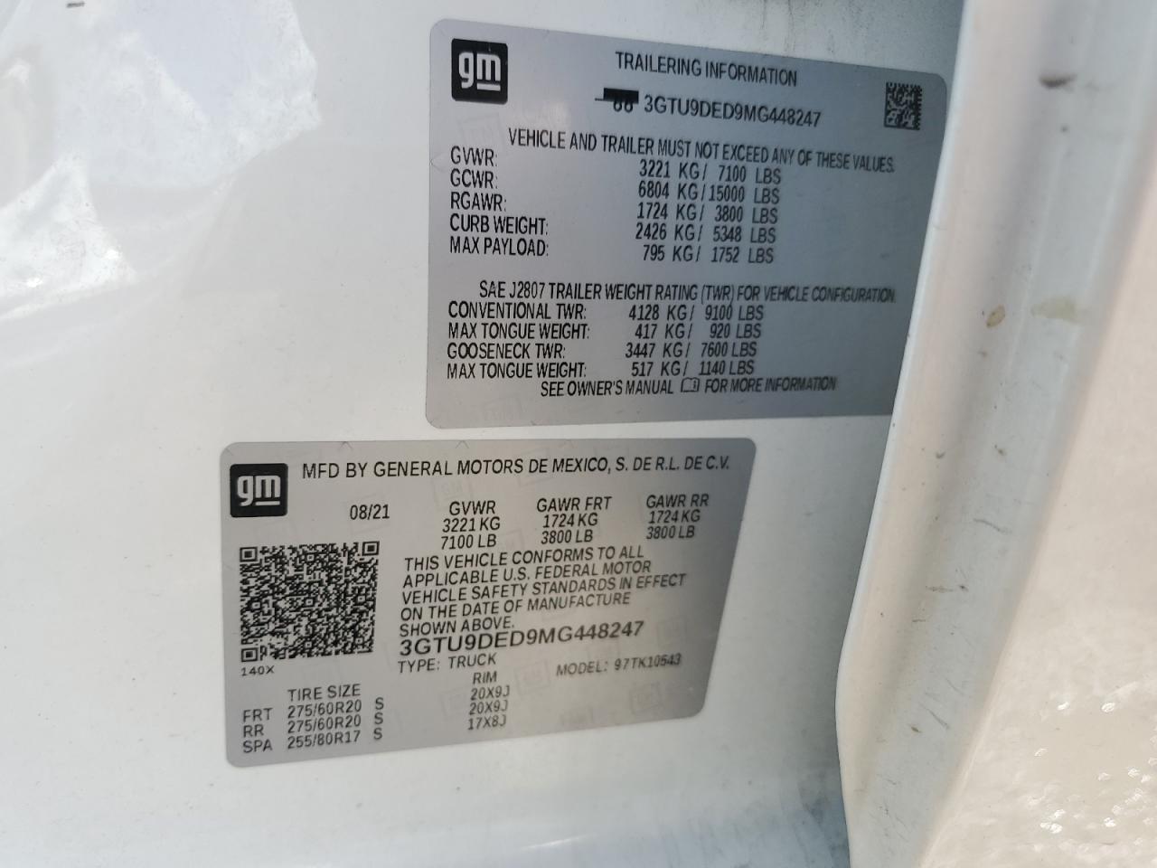 2021 GMC Sierra K1500 Slt VIN: 3GTU9DED9MG448247 Lot: 82251165