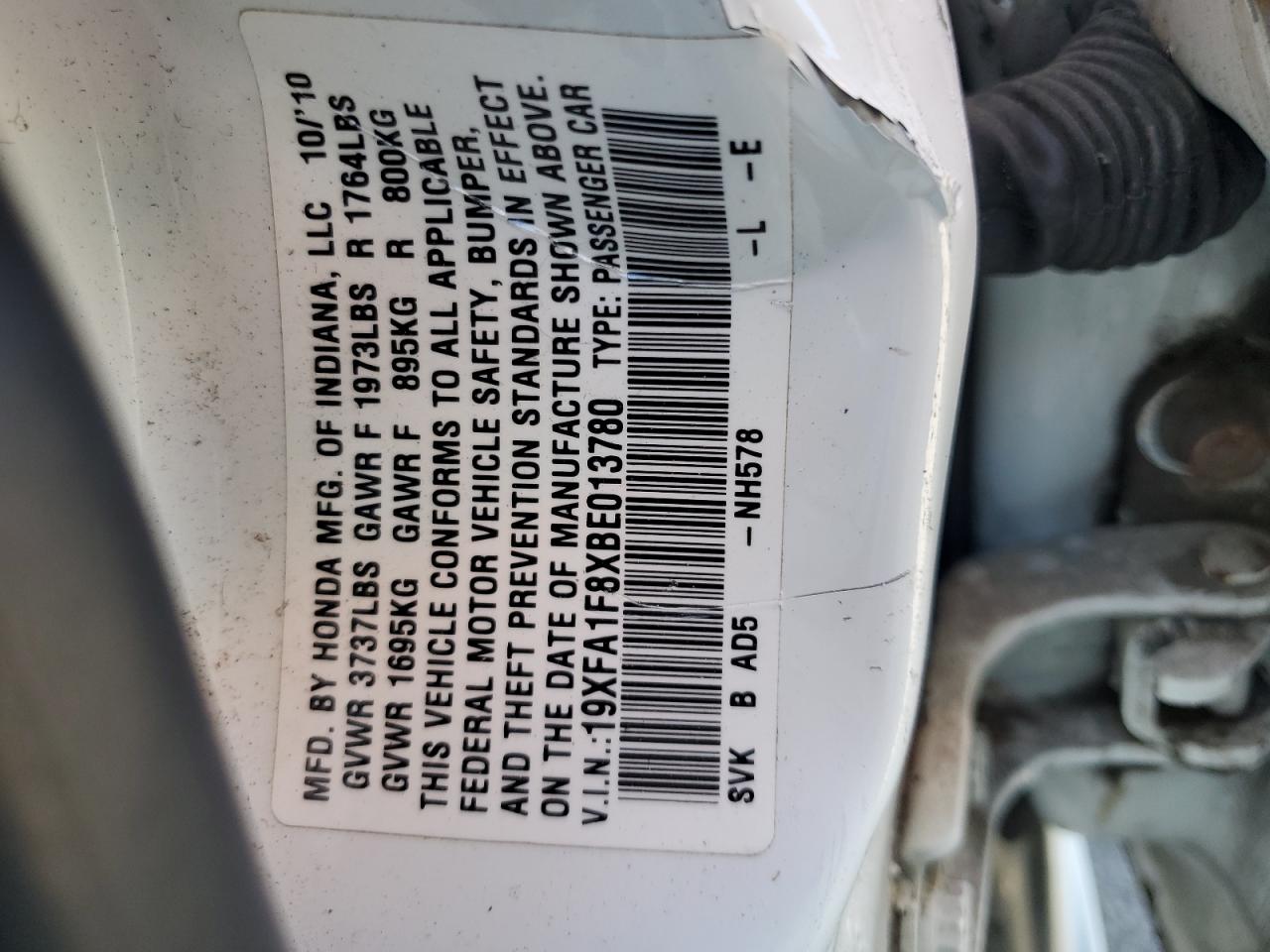 2011 Honda Civic Ex VIN: 19XFA1F8XBE013780 Lot: 85153025