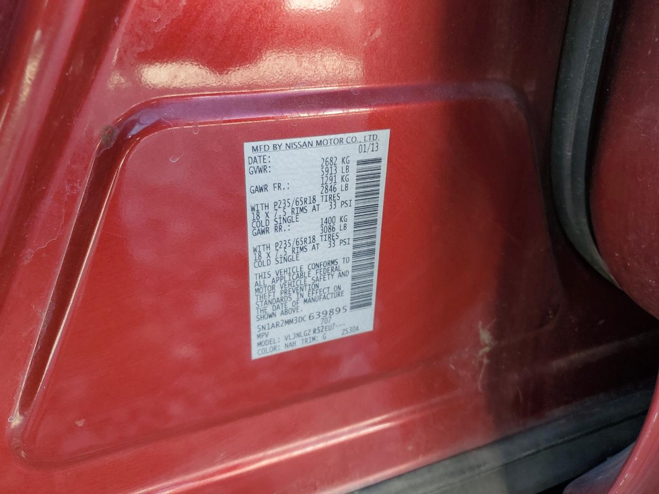 2013 Nissan Pathfinder S VIN: 5N1AR2MM3DC639895 Lot: 82356995