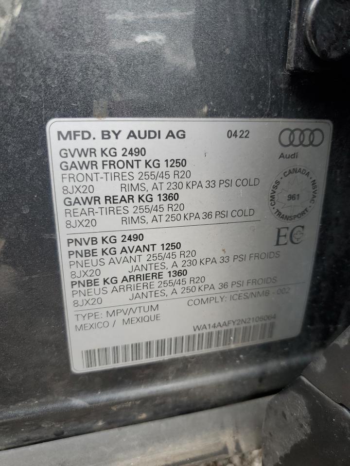 2022 Audi Q5 Sportback Premium 45 VIN: WA14AAFY2N2105064 Lot: 86825465