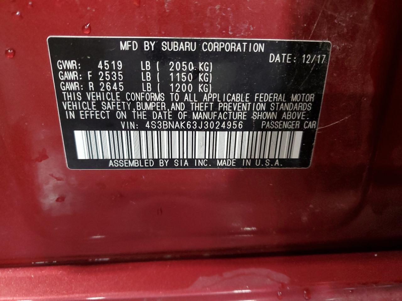 2018 Subaru Legacy 2.5I Limited VIN: 4S3BNAK63J3024956 Lot: 87223735