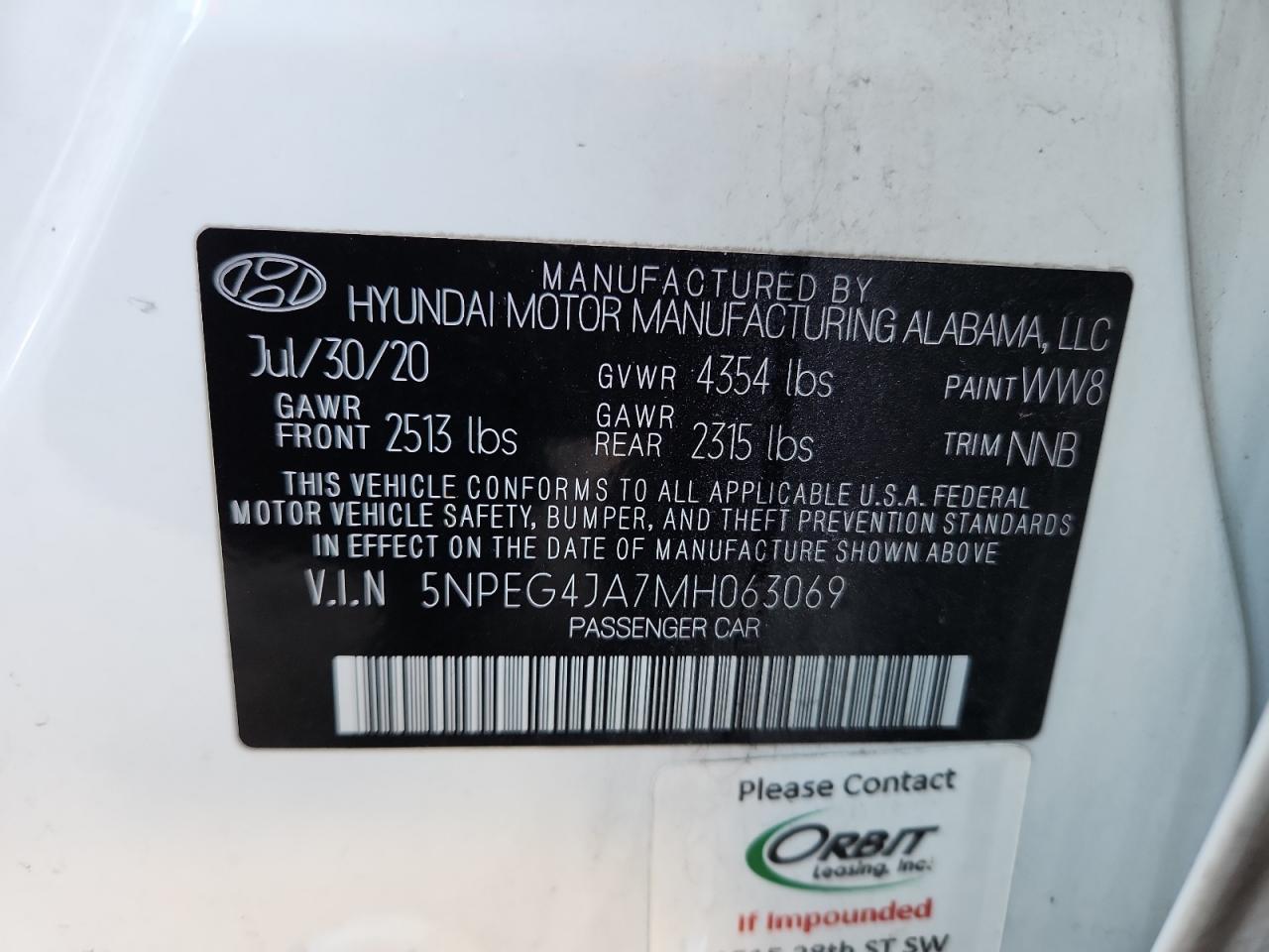 2021 Hyundai Sonata Se VIN: 5NPEG4JA7MH063069 Lot: 87472825