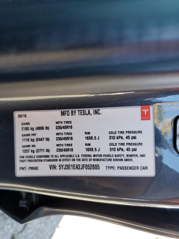 2018 Tesla Model 3 VIN: 5YJ3E1EA2JF052805 Lot: 85682655
