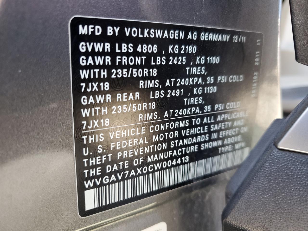 2012 Volkswagen Tiguan S VIN: WVGAV7AX0CW004413 Lot: 84071785