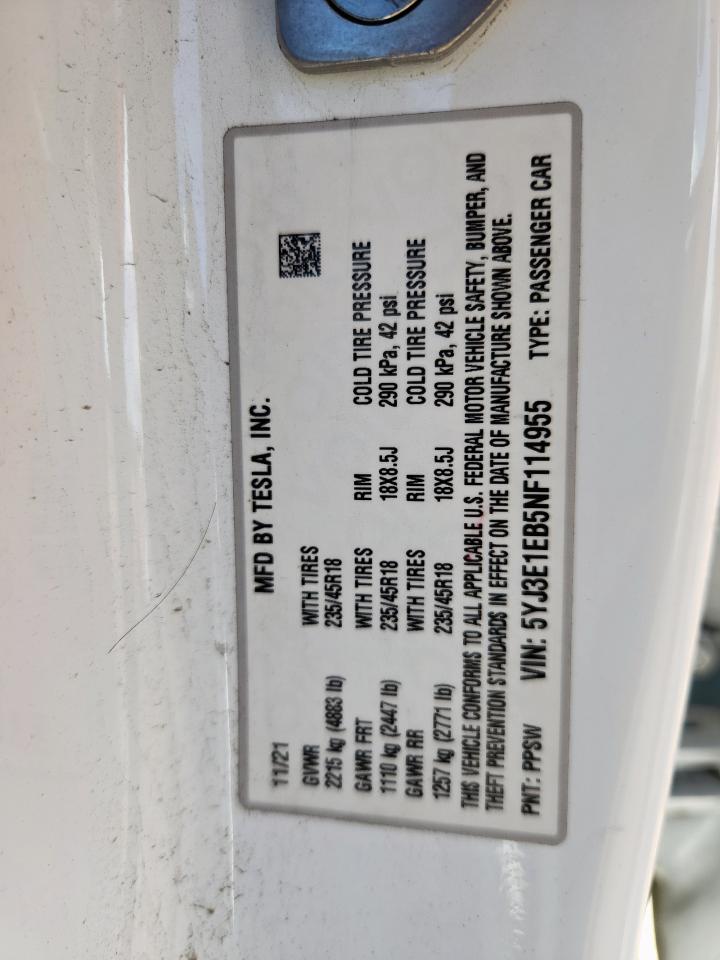 2022 Tesla Model 3 VIN: 5YJ3E1EB5NF114955 Lot: 85303035