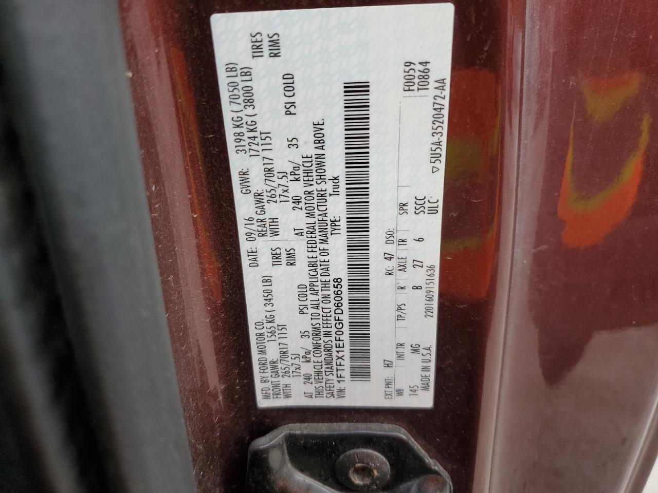 2016 Ford F150 Super Cab VIN: 1FTFX1EF0GFD60658 Lot: 82175425