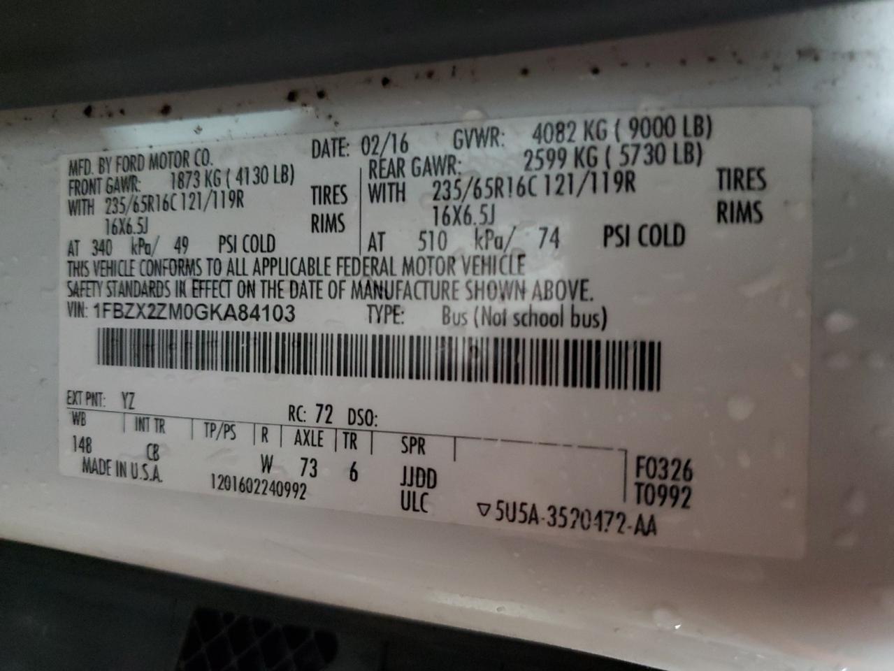 2016 Ford Transit T-350 VIN: 1FBZX2ZM0GKA84103 Lot: 90012965