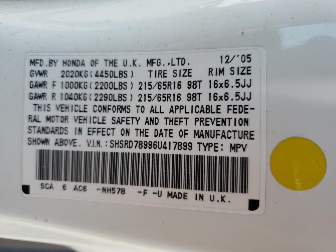 2006 Honda Cr-V Se VIN: SHSRD78996U417899 Lot: 85112095