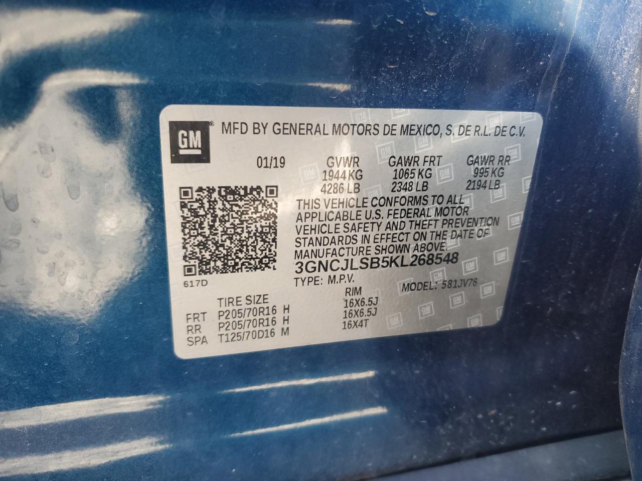 2019 Chevrolet Trax 1Lt VIN: 3GNCJLSB5KL268548 Lot: 87365045