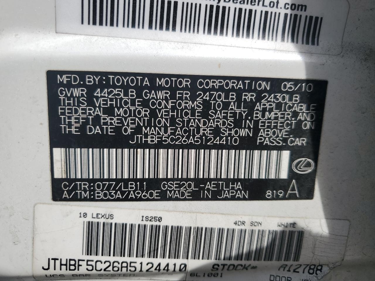 2010 Lexus Is 250 VIN: JTHBF5C26A5124410 Lot: 81922795