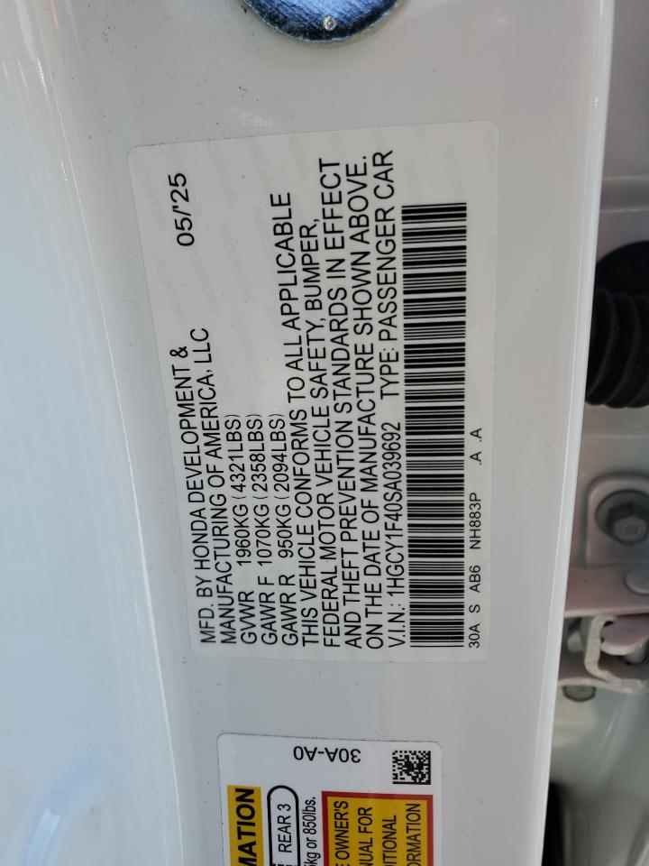 2025 Honda Accord Se VIN: 1HGCY1F40SA039692 Lot: 86325645