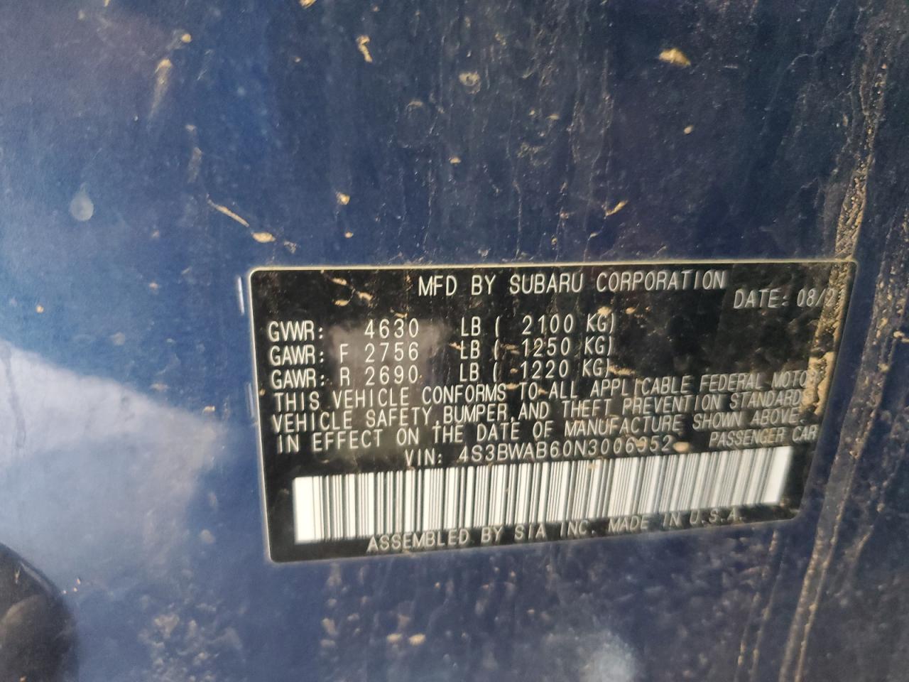 2022 Subaru Legacy VIN: 4S3BWAB60N3006952 Lot: 84961855