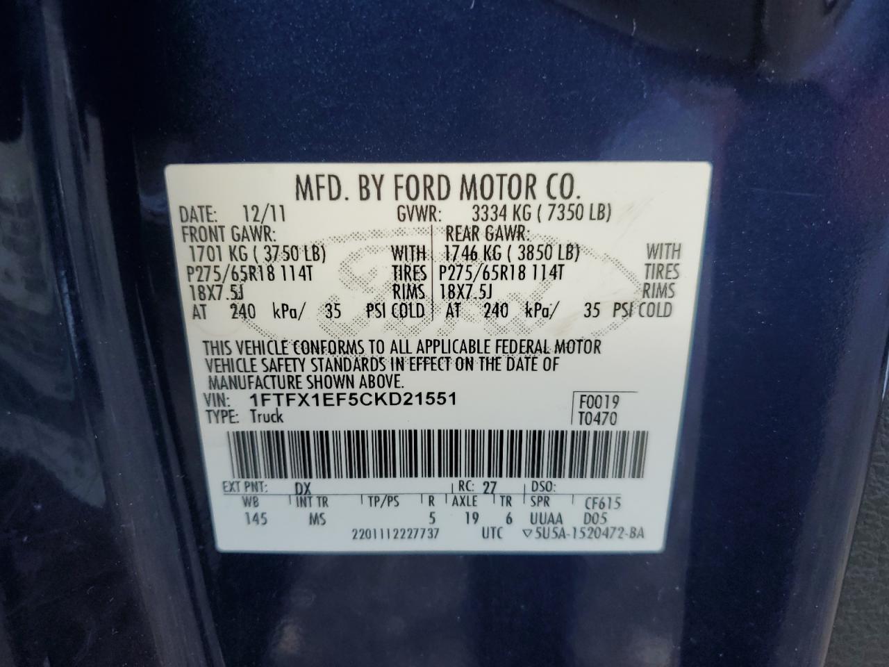 2012 Ford F150 Super Cab VIN: 1FTFX1EF5CKD21551 Lot: 89476495