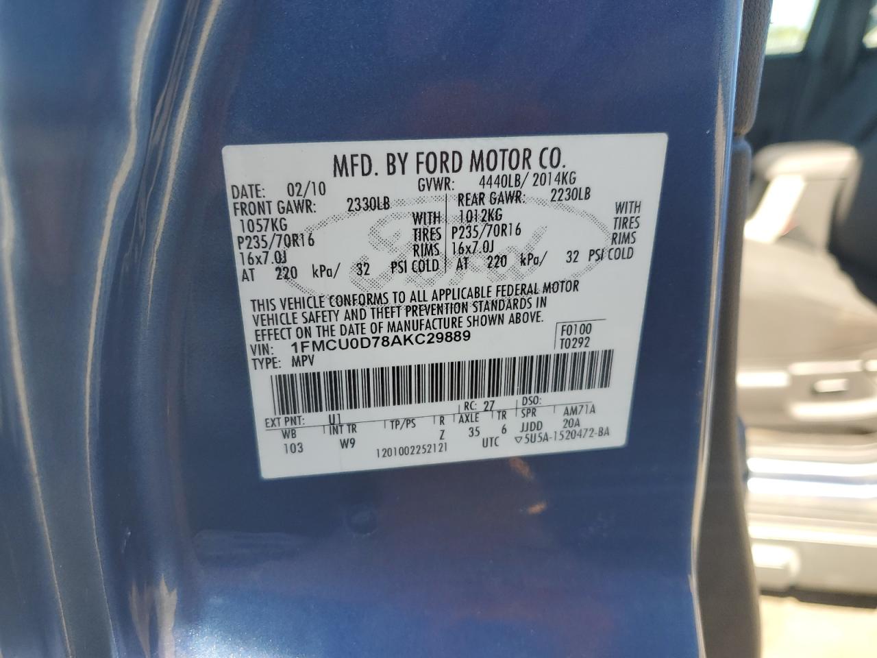 2010 Ford Escape Xlt VIN: 1FMCU0D78AKC29889 Lot: 87420195