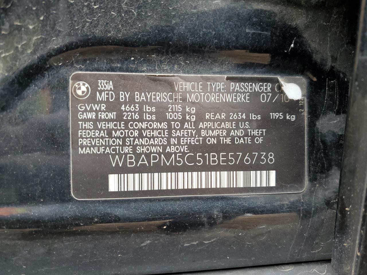 2011 BMW 335 I VIN: WBAPM5C51BE576738 Lot: 85519645