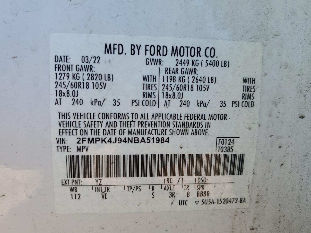 2022 Ford Edge Sel VIN: 2FMPK4J94NBA51984 Lot: 85117705