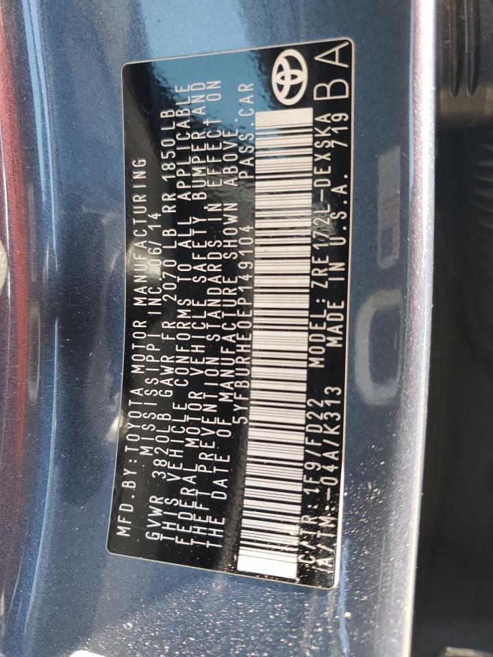 2014 Toyota Corolla L VIN: 5YFBURHE0EP149104 Lot: 85935885