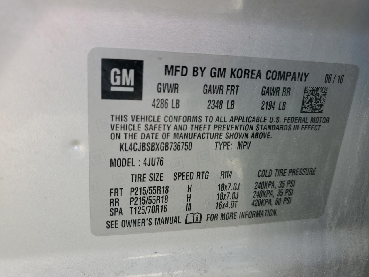 2016 Buick Encore Convenience VIN: KL4CJBSBXGB736750 Lot: 82228815