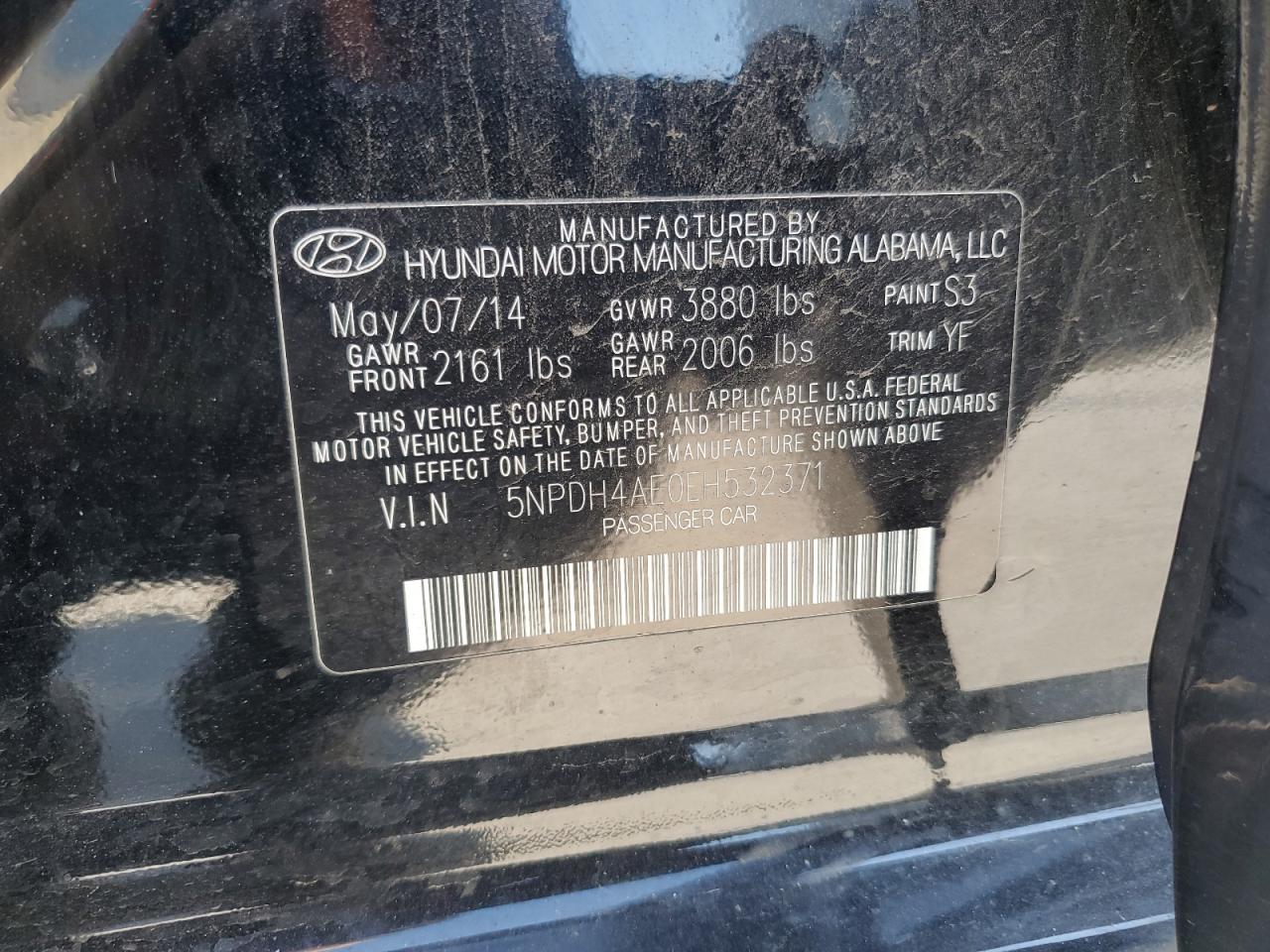 2014 Hyundai Elantra Se VIN: 5NPDH4AE0EH532371 Lot: 84982095