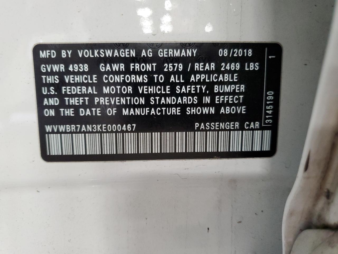 2019 Volkswagen Arteon Se VIN: WVWBR7AN3KE000467 Lot: 90828085