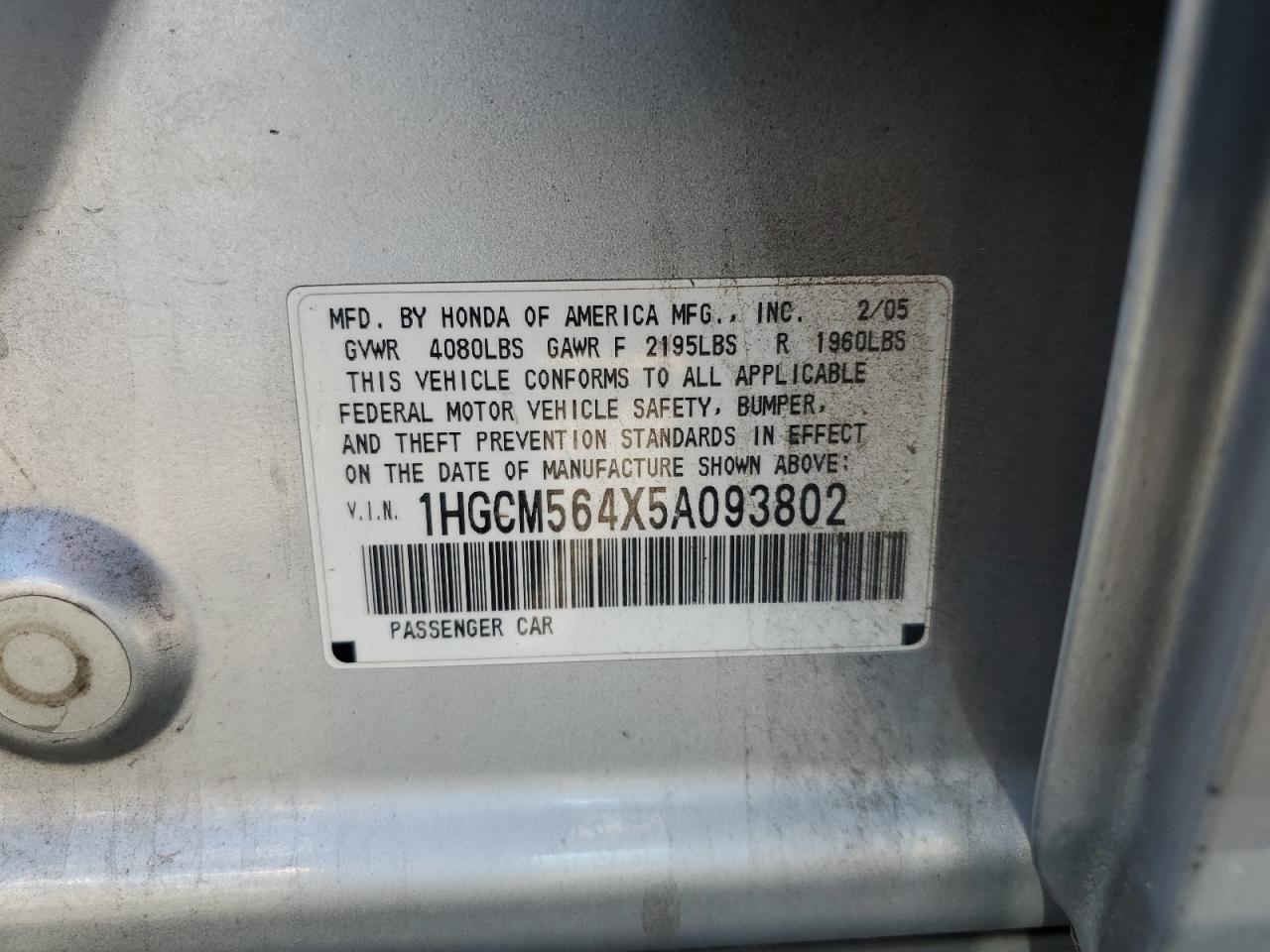 2005 Honda Accord Lx VIN: 1HGCM564X5A093802 Lot: 85934165