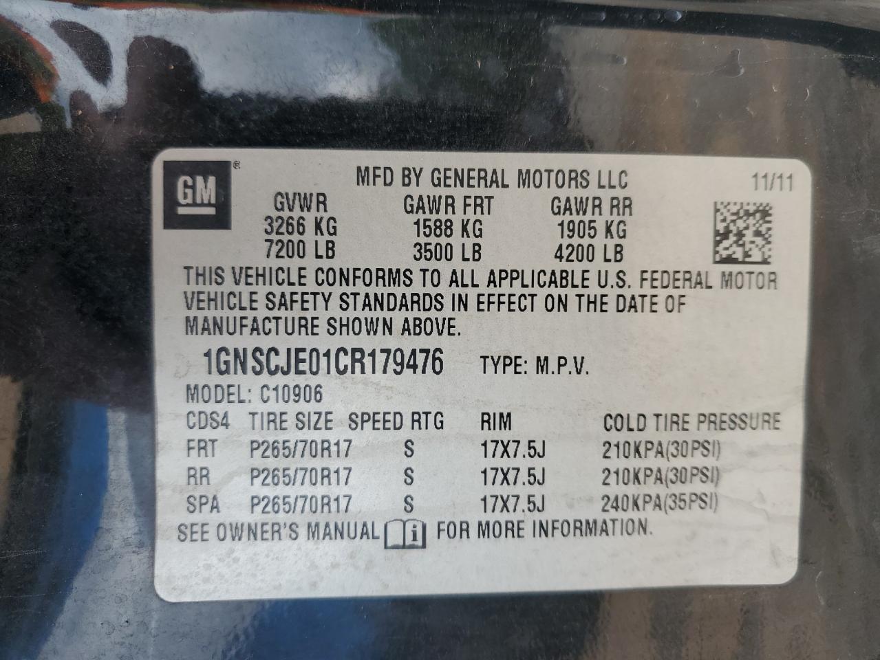 2012 Chevrolet Suburban C1500 Lt VIN: 1GNSCJE01CR179476 Lot: 90390865