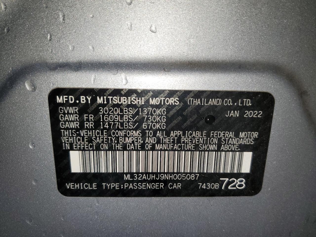 2022 Mitsubishi Mirage Es VIN: ML32AUHJ9NH005087 Lot: 89542055