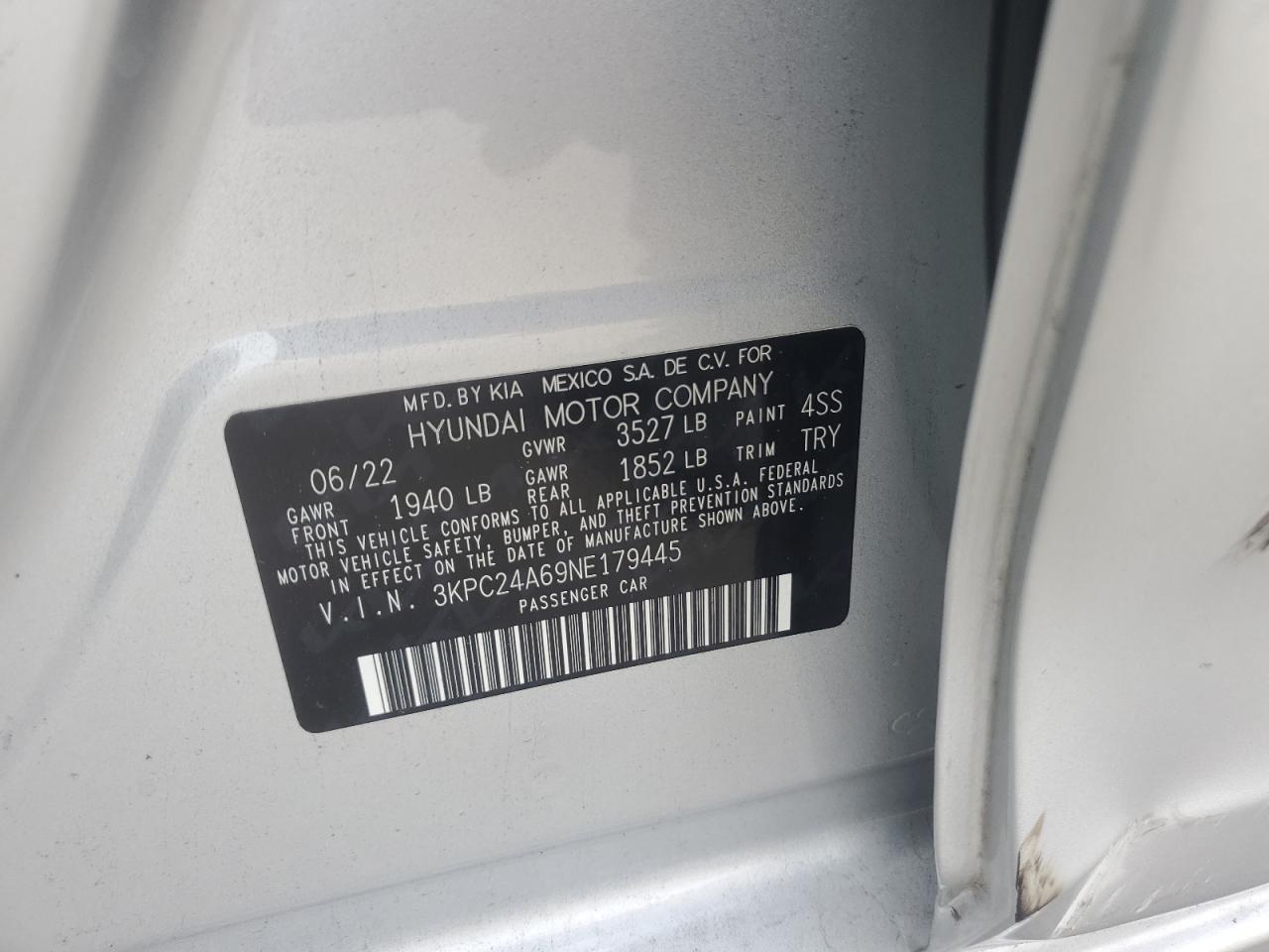 2022 Hyundai Accent Se VIN: 3KPC24A69NE179445 Lot: 84881285