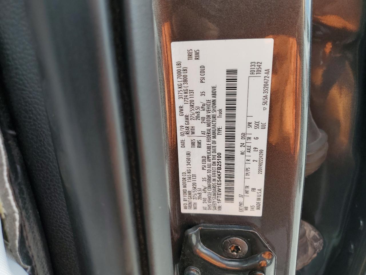 2019 Ford F150 Supercrew VIN: 1FTEW1E54KFB25100 Lot: 85703815