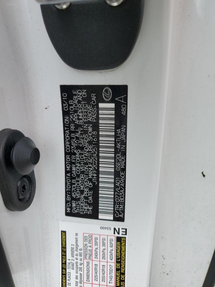 2010 Lexus Is 250 VIN: JTHFF2C22A2511618 Lot: 82375325