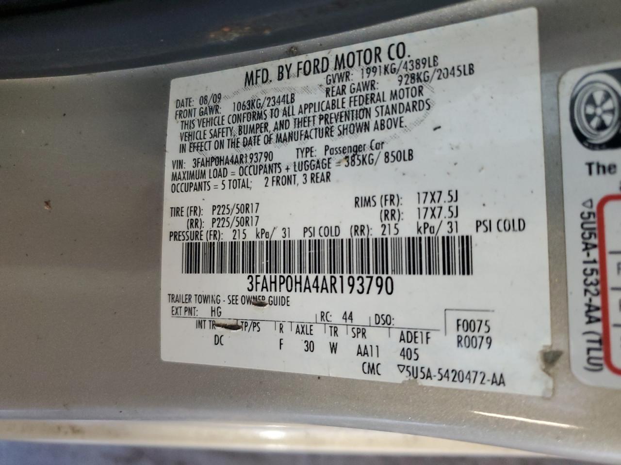 2010 Ford Fusion Se VIN: 3FAHP0HA4AR193790 Lot: 81800575
