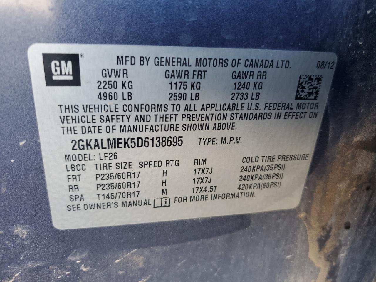 2013 GMC Terrain Sle VIN: 2GKALMEK5D6138695 Lot: 89846555