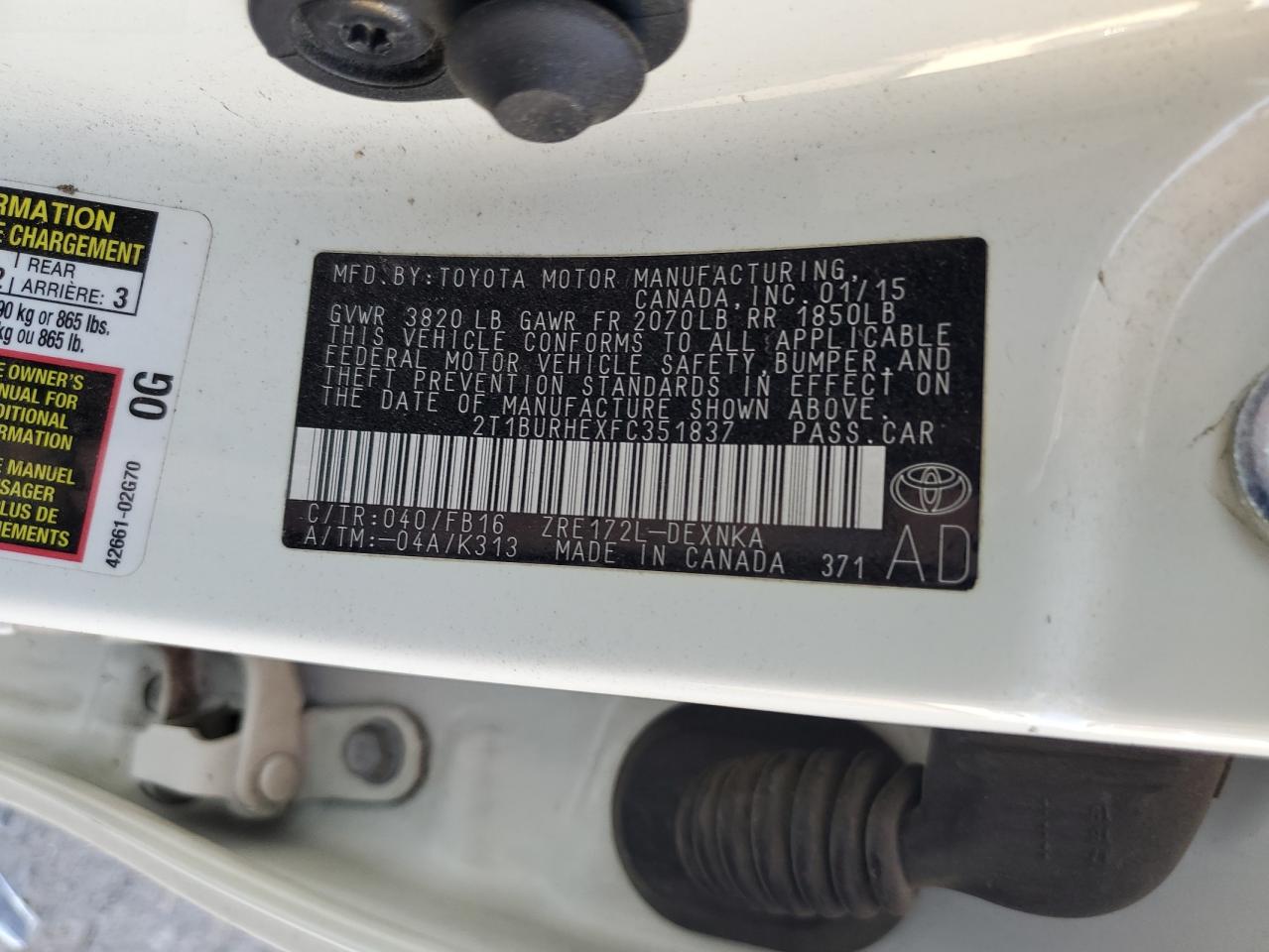 2015 Toyota Corolla L VIN: 2T1BURHEXFC351837 Lot: 85888915