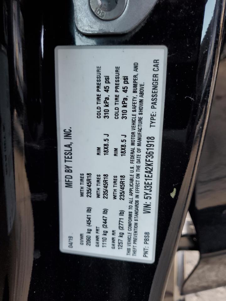 2019 Tesla Model 3 VIN: 5YJ3E1EA2KF361918 Lot: 87114135