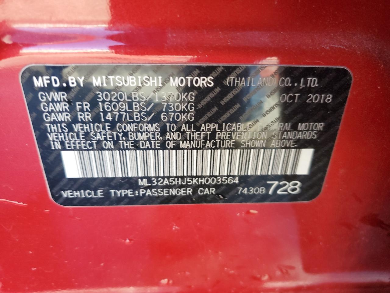 2019 Mitsubishi Mirage Le VIN: ML32A5HJ5KH003564 Lot: 90923665