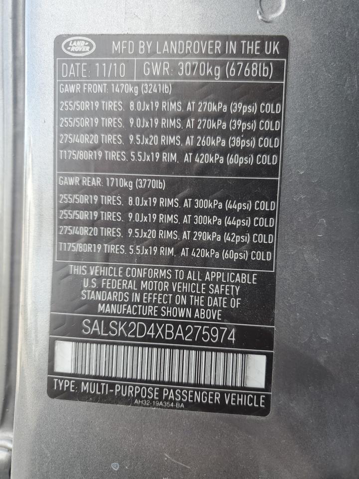 2011 Land Rover Range Rover Sport Lux VIN: SALSK2D4XBA275974 Lot: 81992995