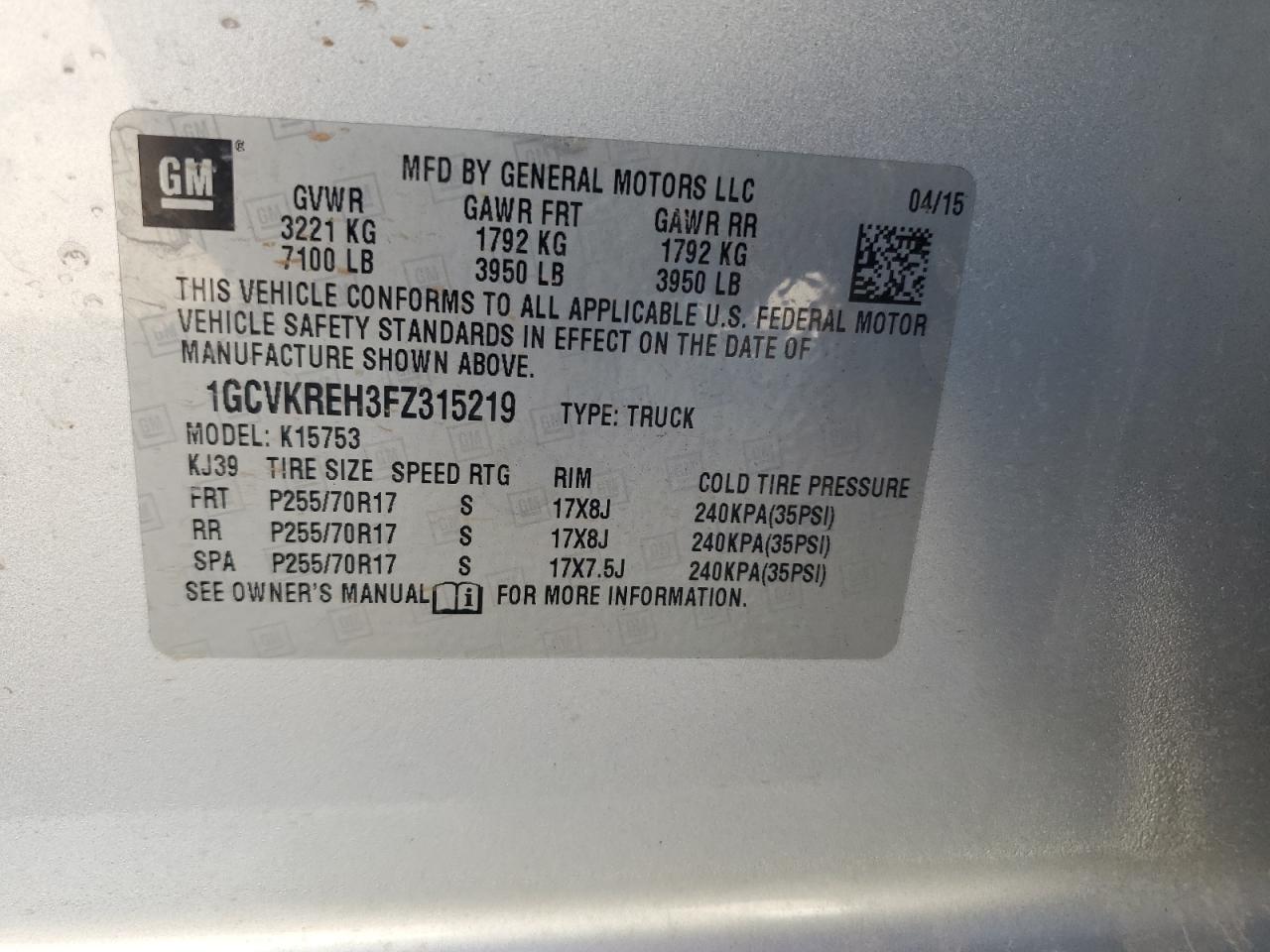 2015 Chevrolet Silverado K1500 Lt VIN: 1GCVKREH3FZ315219 Lot: 81146875