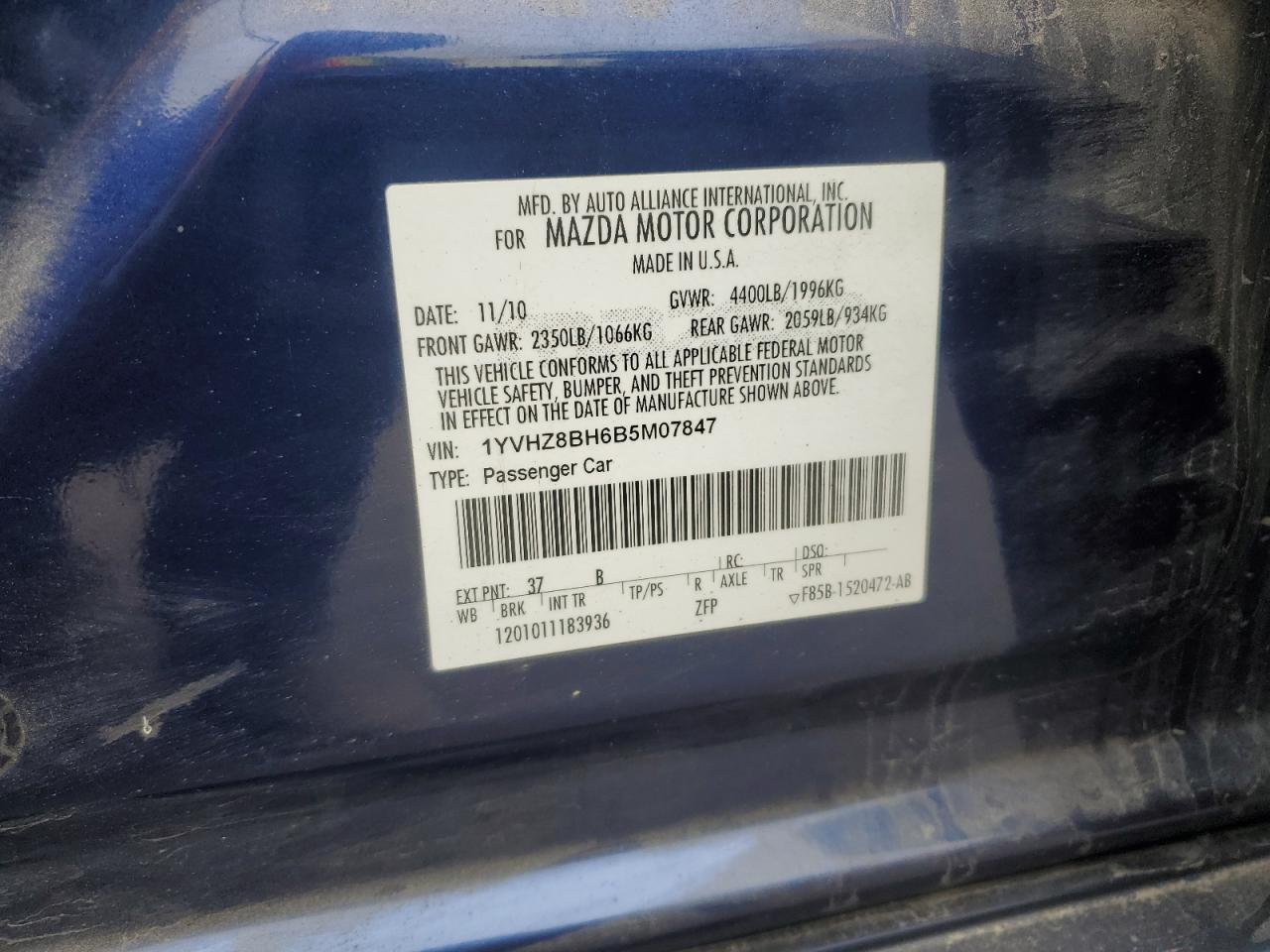 2011 Mazda 6 I VIN: 1YVHZ8BH6B5M07847 Lot: 85843995