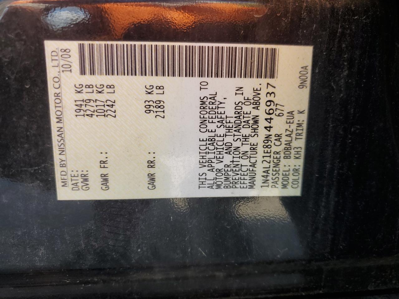 2009 Nissan Altima 2.5 VIN: 1N4AL21E89N446937 Lot: 85179235